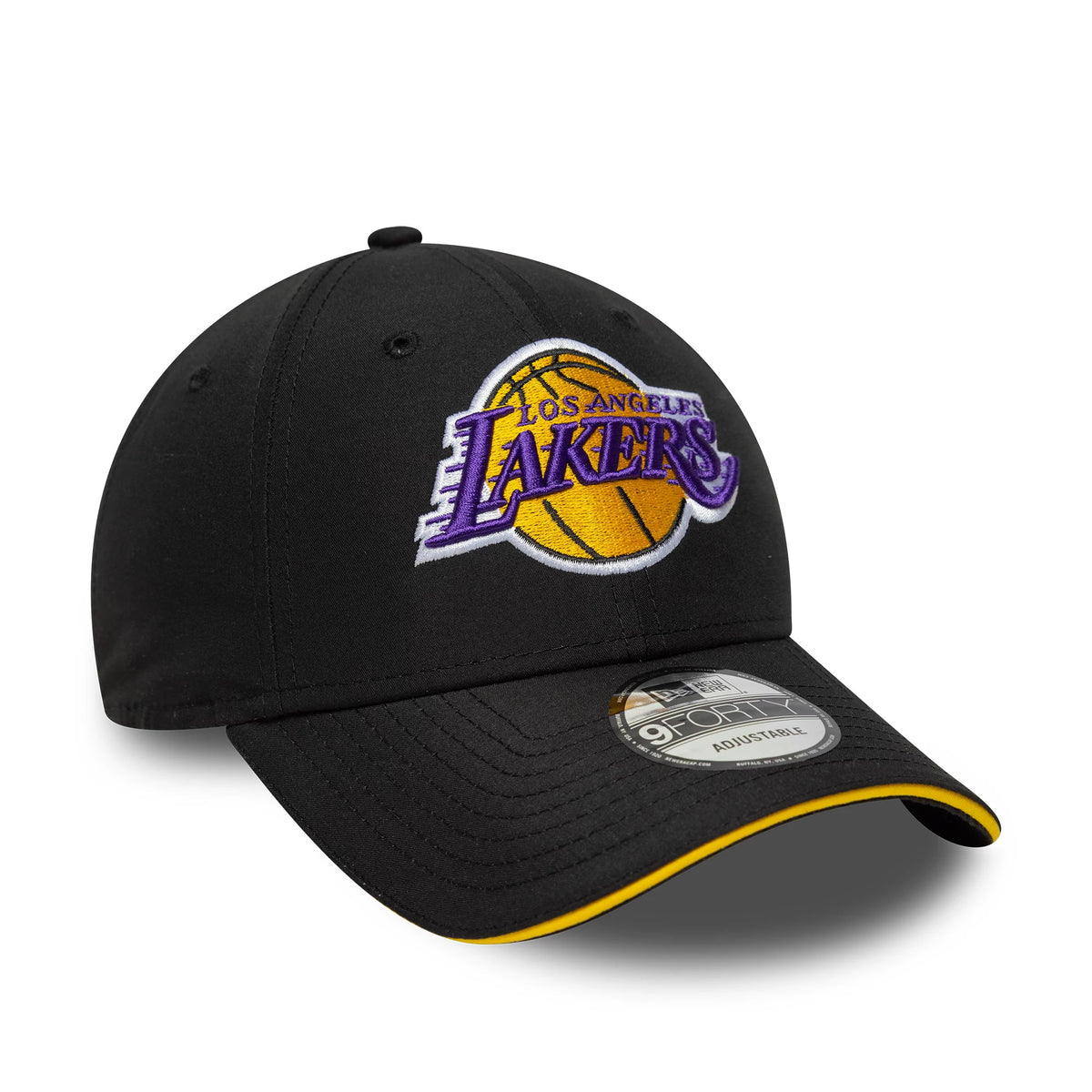 LA Lakers NBA Microfibre Black New Era 9FORTY Cap, three-quarter view with a raised purple and yellow embroidered Lakers logo on the front panel, black curved visor with yellow edge, and 9FORTY size sticker.