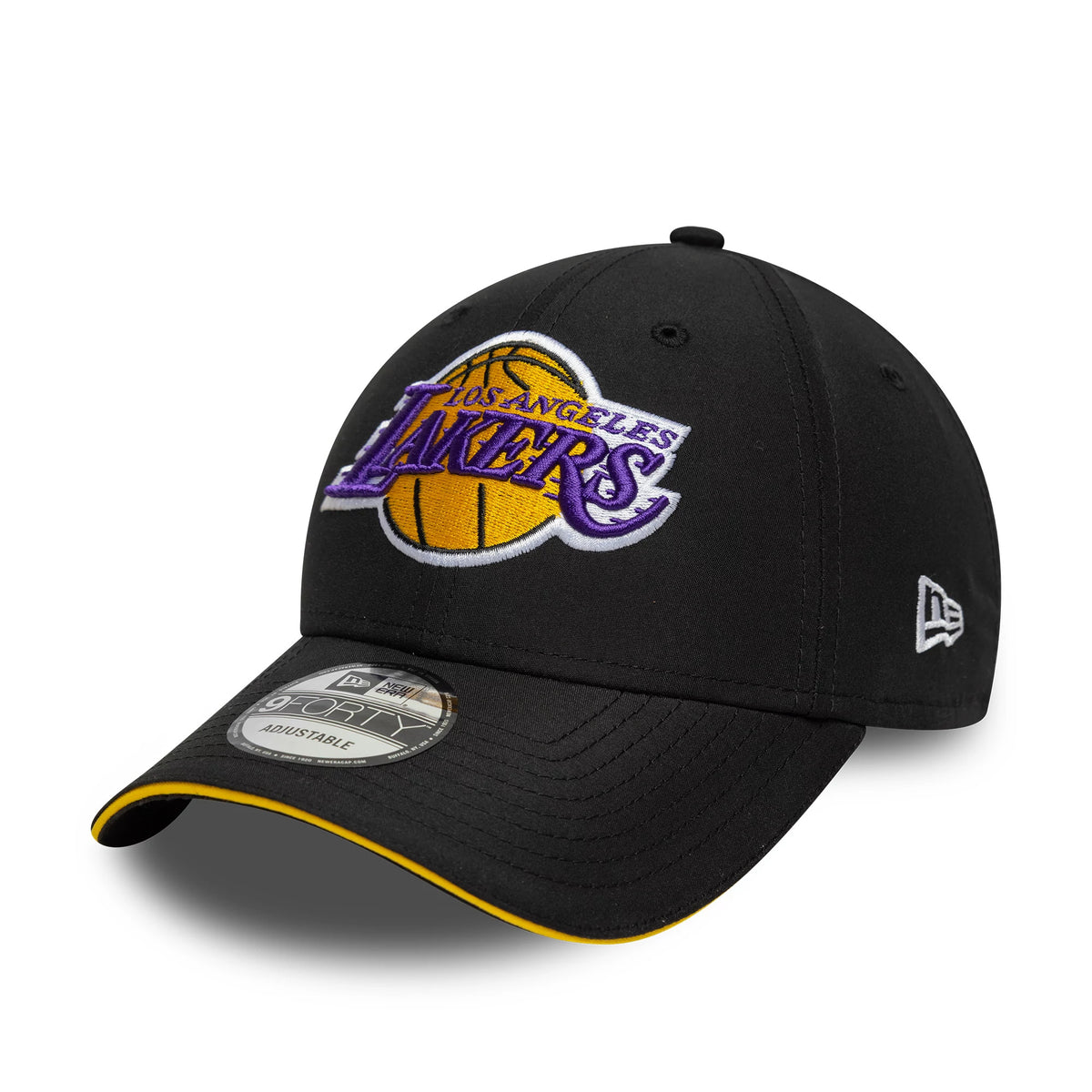 LA Lakers NBA Microfibre Black New Era 9FORTY Cap, three-quarter view showing the purple and yellow embroidered Lakers logo on the front panel, black curved visor with a 9FORTY size sticker, and yellow undervisor trim.