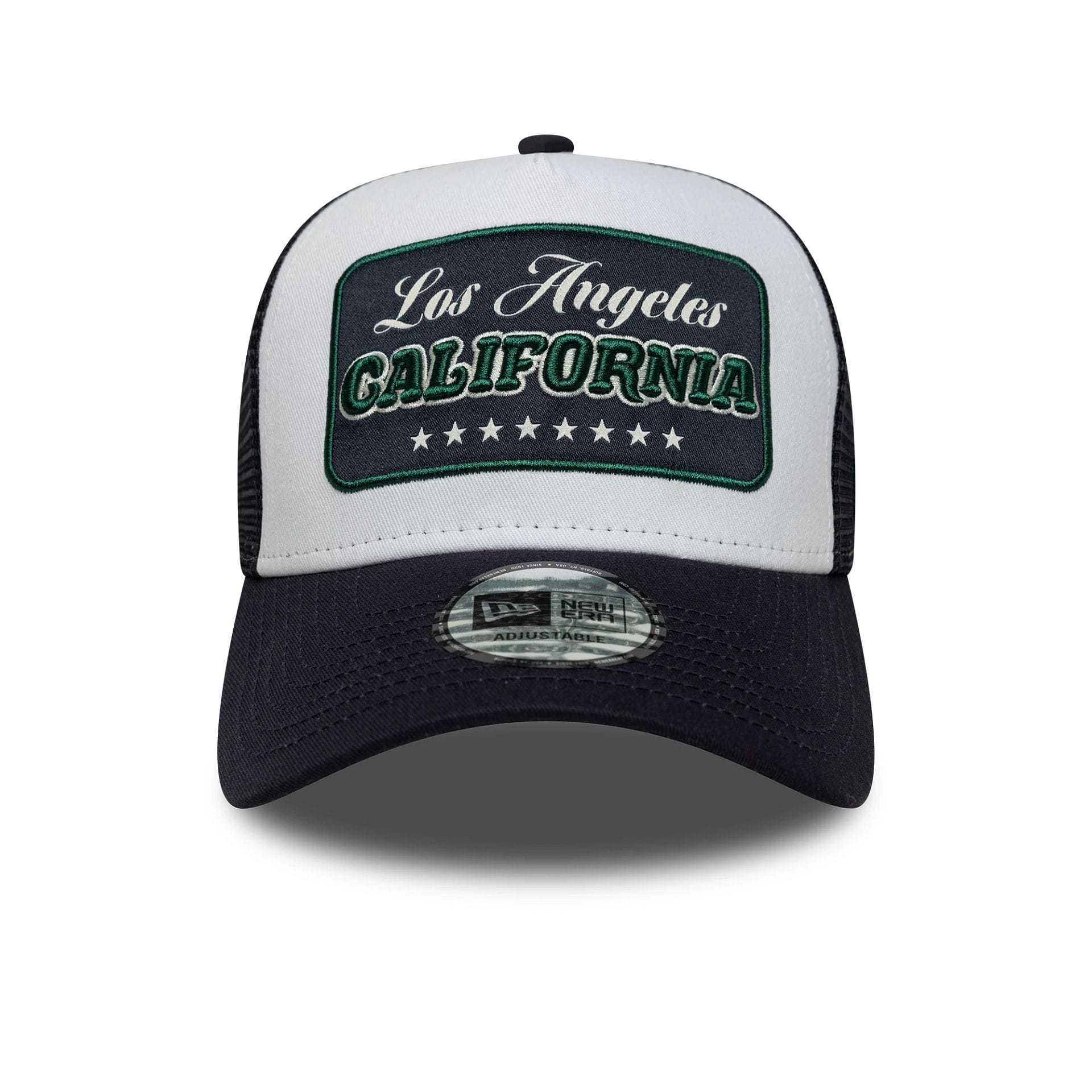 Pictured is this New Era Location Patch 9FORTY A-Frame Trucker in navy. 2