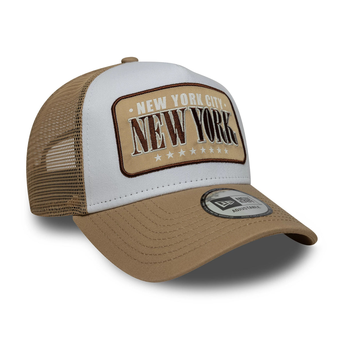 Pictured is this New Era Location Patch 9FORTY A-Frame Trucker in light beige. 3