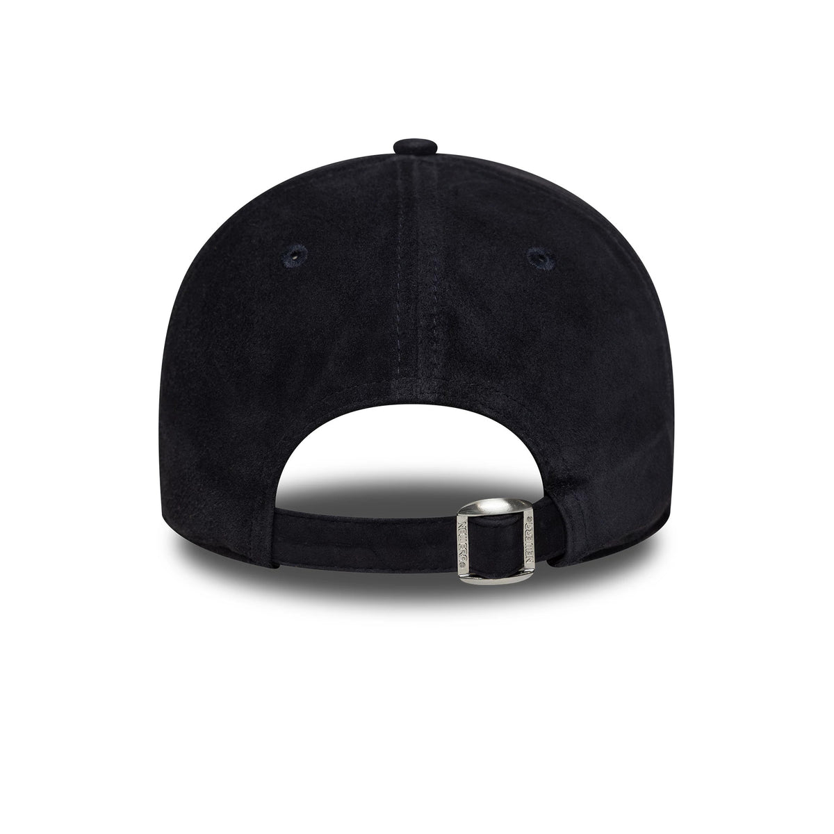 New York Yankees MLB Suede Navy New Era 9TWENTY Cap, rear view showing a silver adjustable strap with a buckle closure on the soft navy suede crown, with embroidered eyelets and a matching top button.