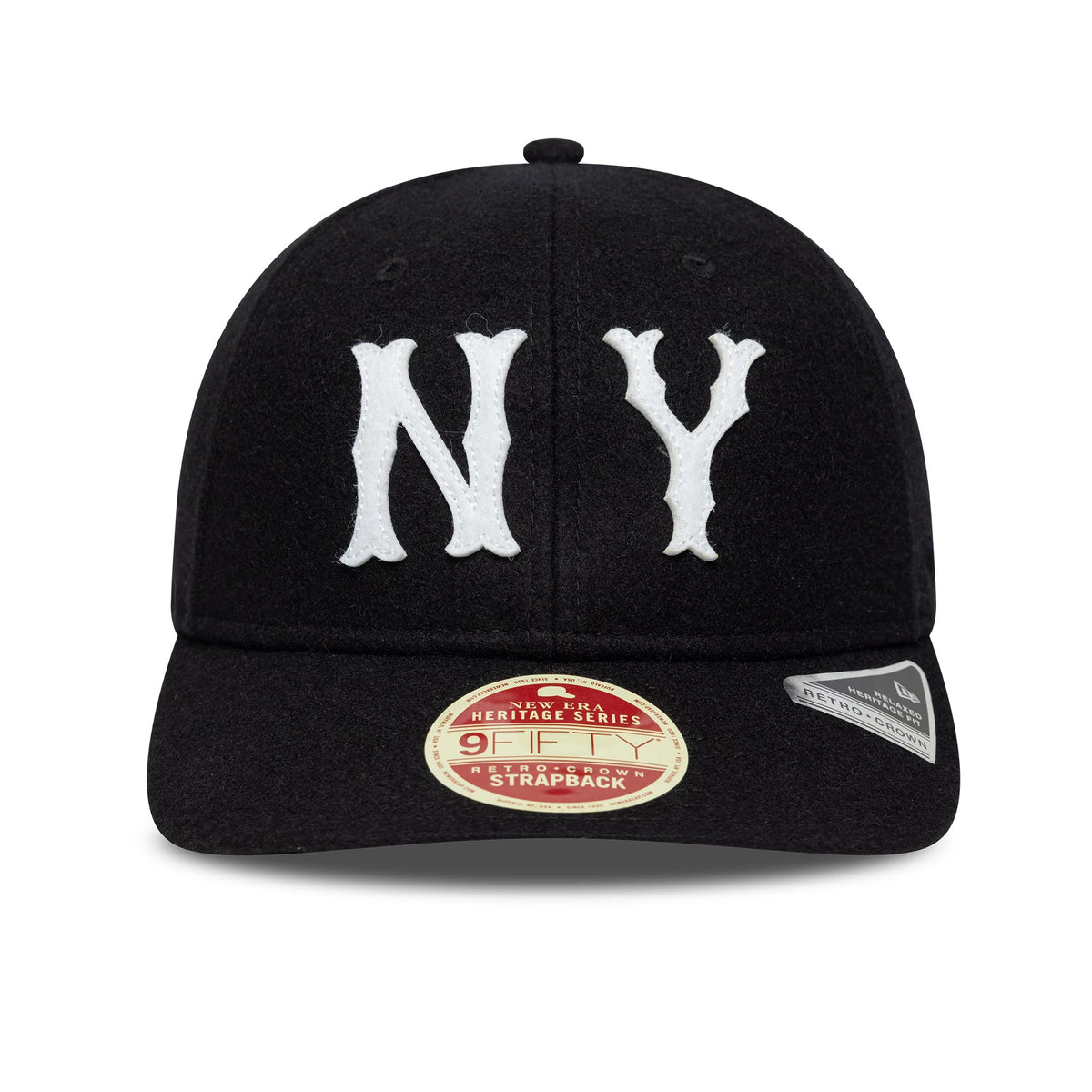 New York Highlanders MLB Heritage Black Retro Crown New Era 9FIFTY Cap, front view showing the white embroidered NY logo on the structured black crown with a flat visor, featuring a Heritage Series 9FIFTY size sticker on the visor.