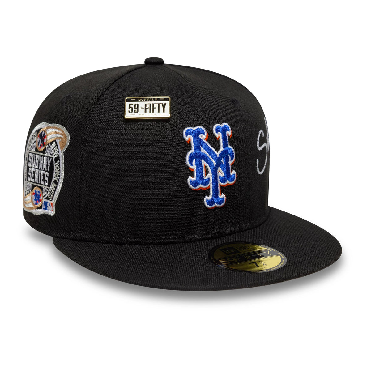 New York Mets MLB Subway Series Black New Era 59FIFTY Fitted Cap, front view showing the raised blue and orange Mets logo embroidered on the front panel, with a commemorative Subway Series patch and a gold 59FIFTY size sticker on the flat visor.