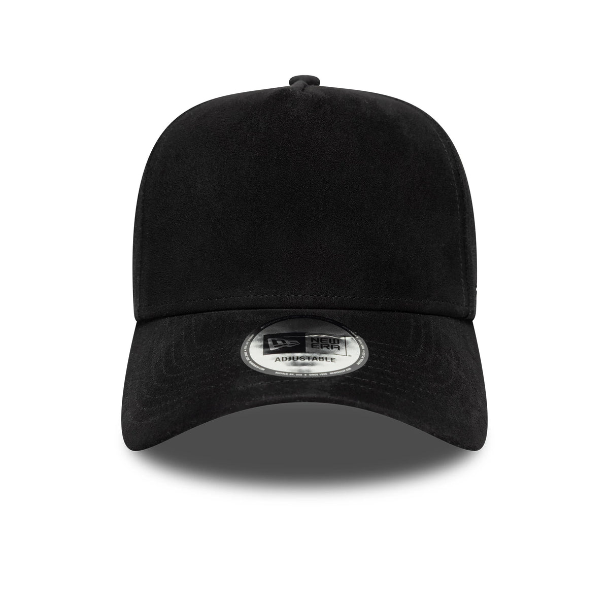 New Era Suede Black 9FORTY E-Frame Cap, front view showing a black suede finish on the structured crown and curved visor, with the 9FORTY size sticker placed centrally on the black visor.