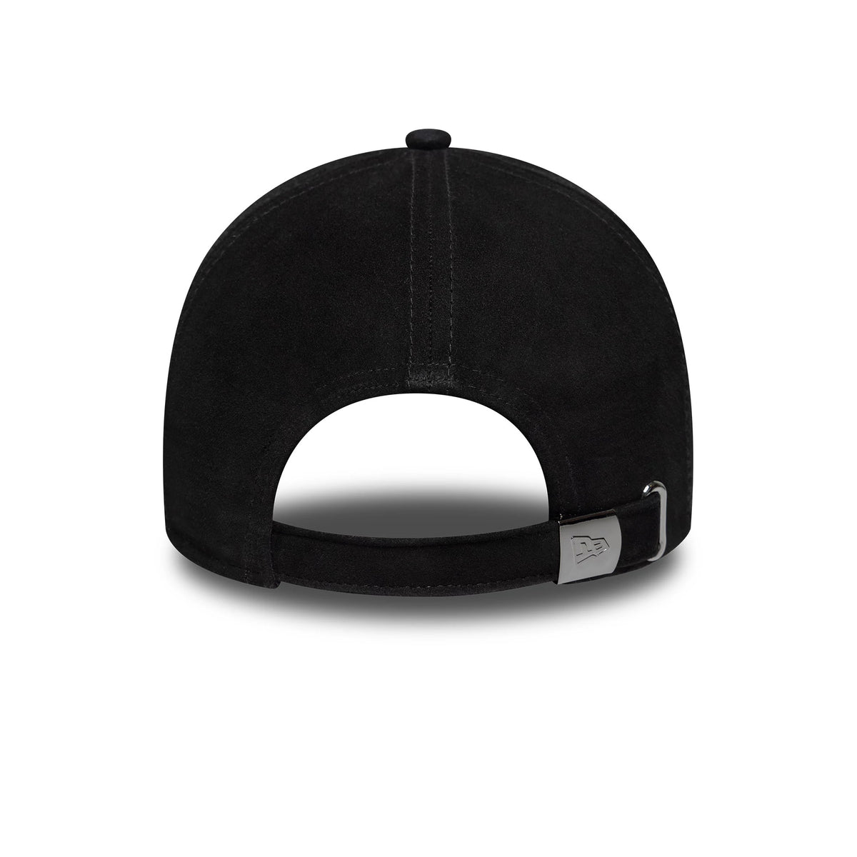 New Era Suede Black 9FORTY E-Frame Cap, rear view showing the curved sueded black panels with adjustable strap and a buckle featuring the embossed New Era flag logo on the left side.