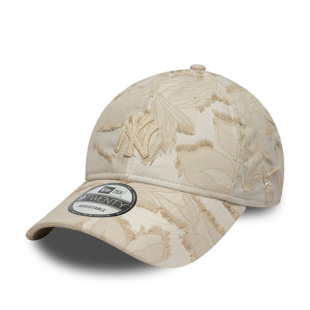 New York Yankees MLB Floral Cream New Era 9TWENTY Adjustable Cap, front view showing the raised embroidered NY logo in cream on the floral patterned crown, with a curved visor and 9TWENTY size sticker.