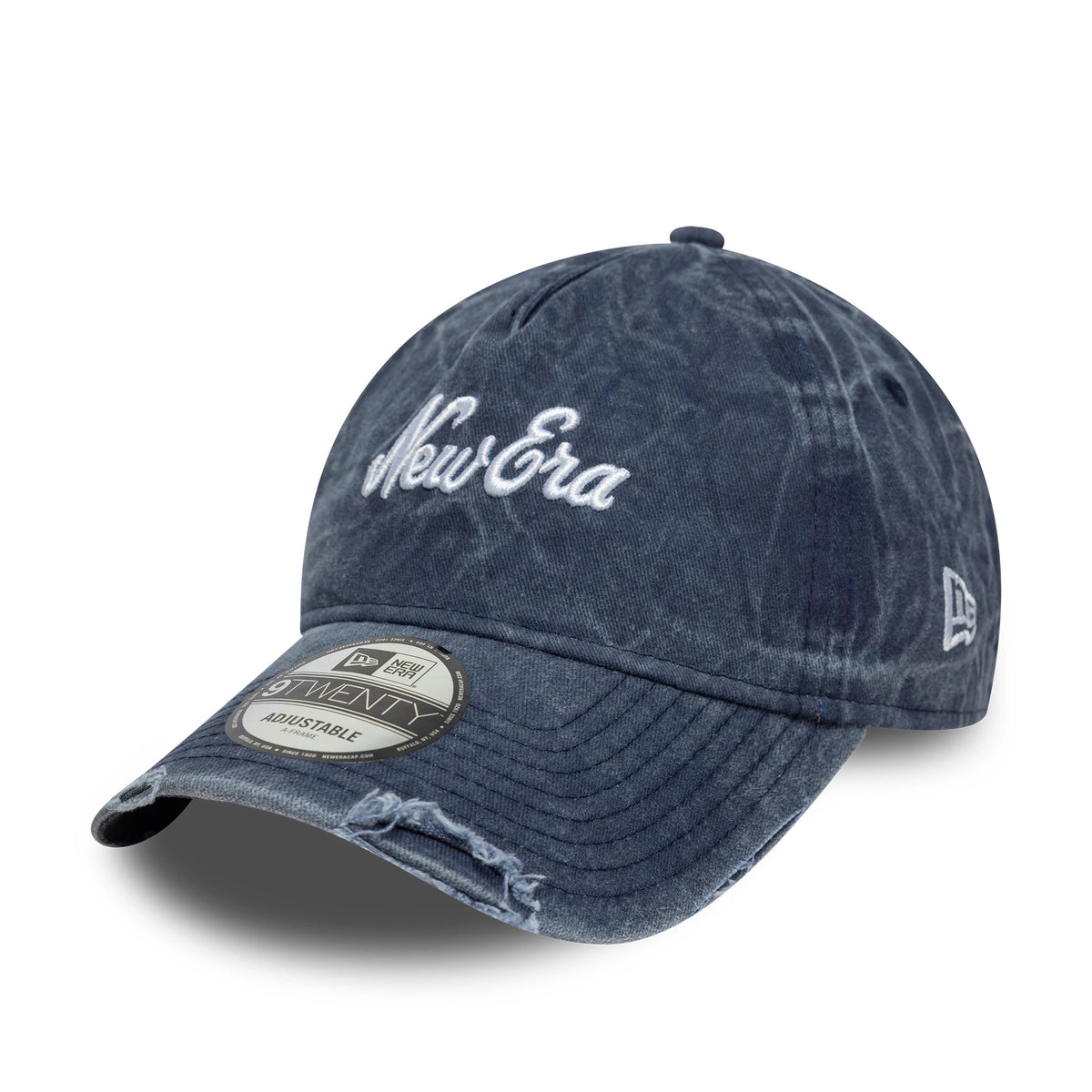 New Era Pigment Wash Navy 9TWENTY A-Frame Cap, front view showing the white embroidered New Era script logo on the weathered navy crown, with a curved visor and a 9TWENTY size sticker on the visor.