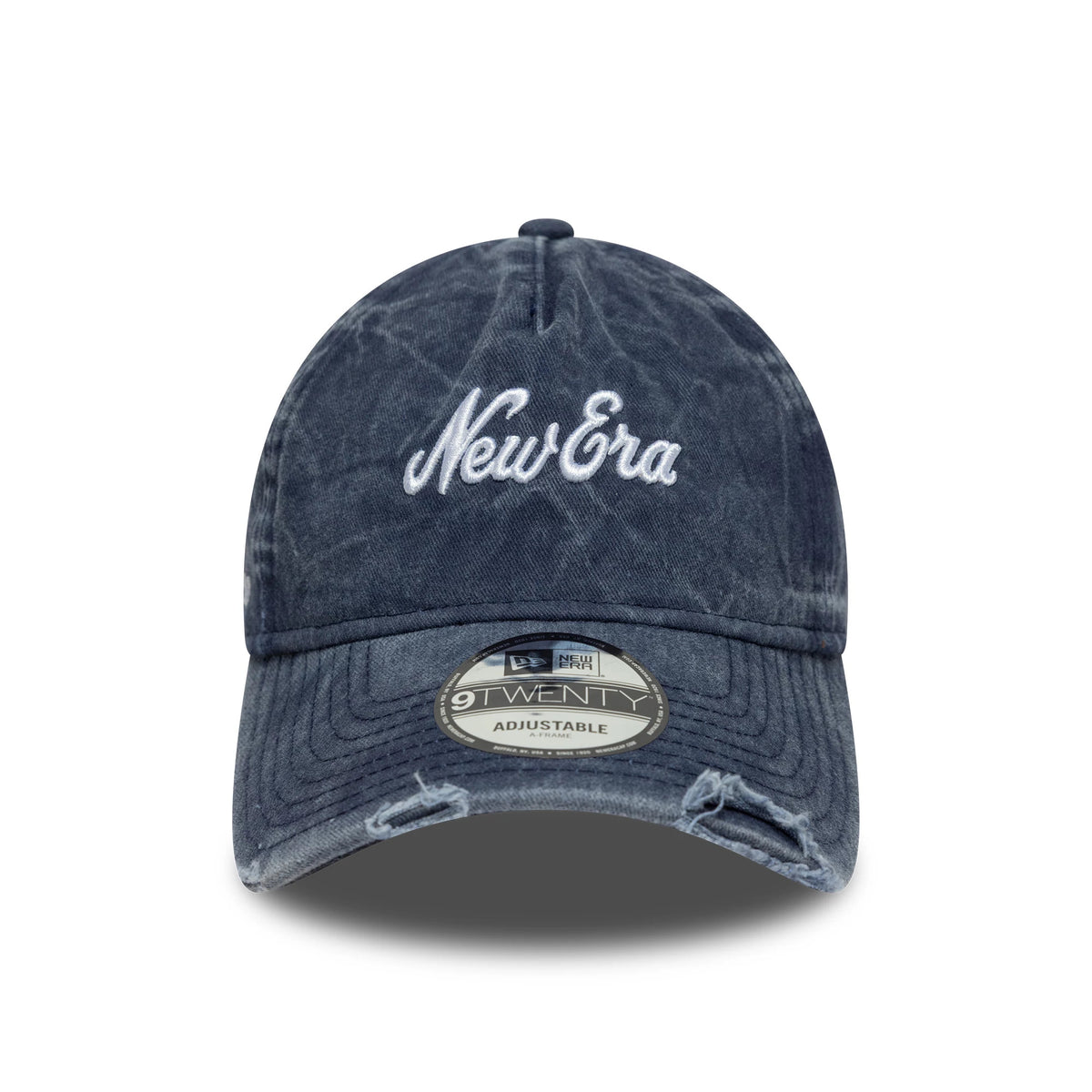 New Era Pigment Wash Navy New Era 9TWENTY A-Frame Cap, front view showing white script logo embroidery on the washed navy crown, with an official 9TWENTY size sticker on the distressed curved visor.
