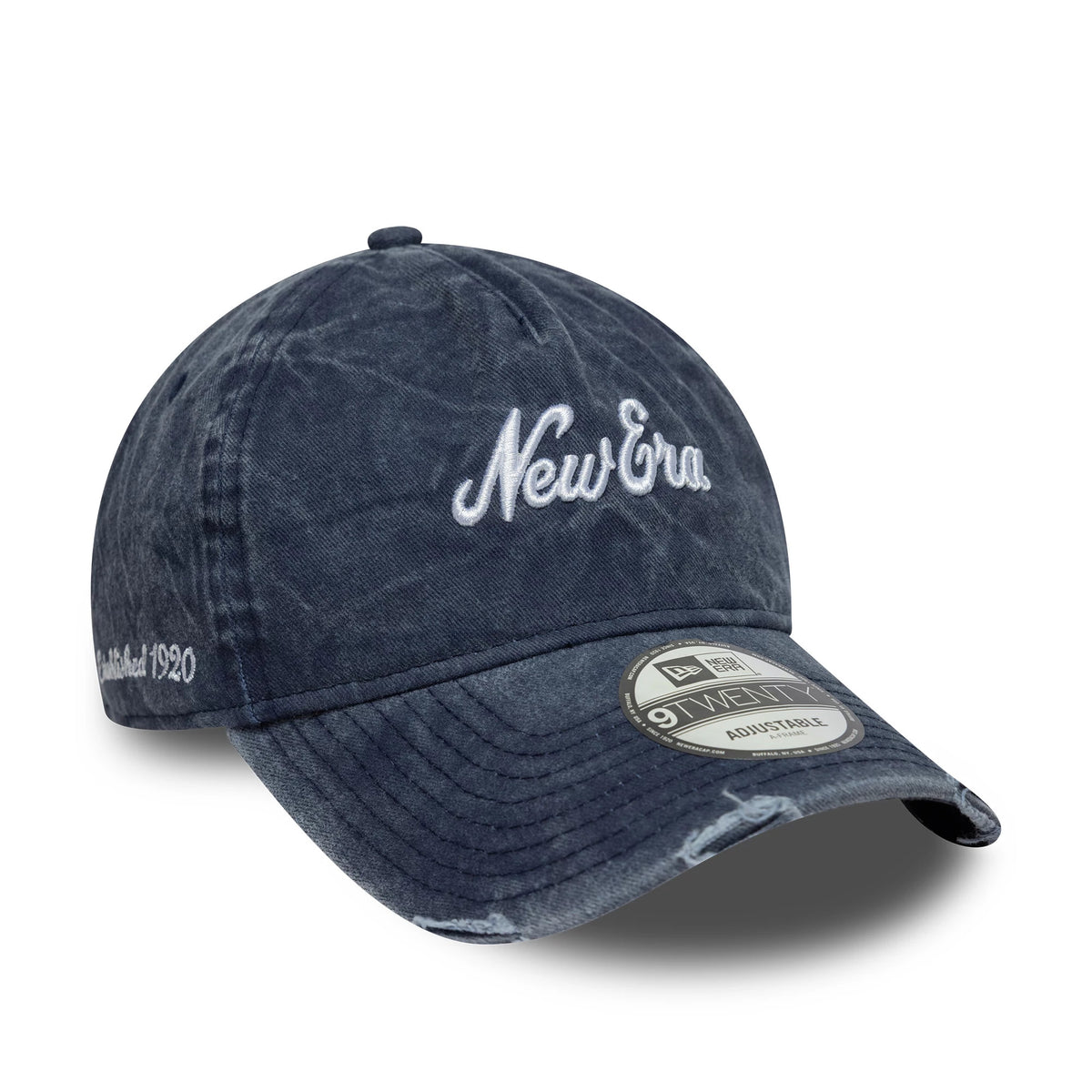 New Era Pigment Wash Navy 9TWENTY A-Frame Cap, three-quarter view with white embroidered New Era script on the front panel, distressed navy visor, and 9TWENTY size sticker on the visor.