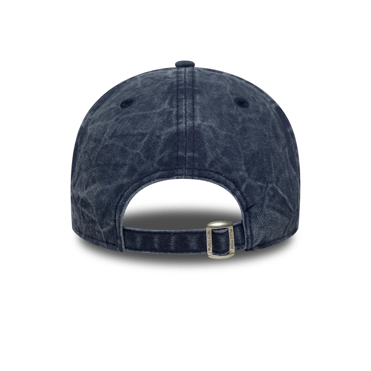 New Era Pigment Wash Navy 9TWENTY A-Frame Cap, rear view showing the adjustable strap with a buckle and a curved opening at the back, featuring a mottled navy pigment wash design on the crown.