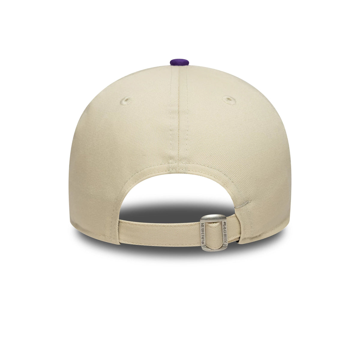 LA Lakers NBA Colour Block Cream New Era 9FORTY Cap, rear view showing a purple top button, curved cream visor, and adjustable strap with buckle at the back, set on a structured crown.
