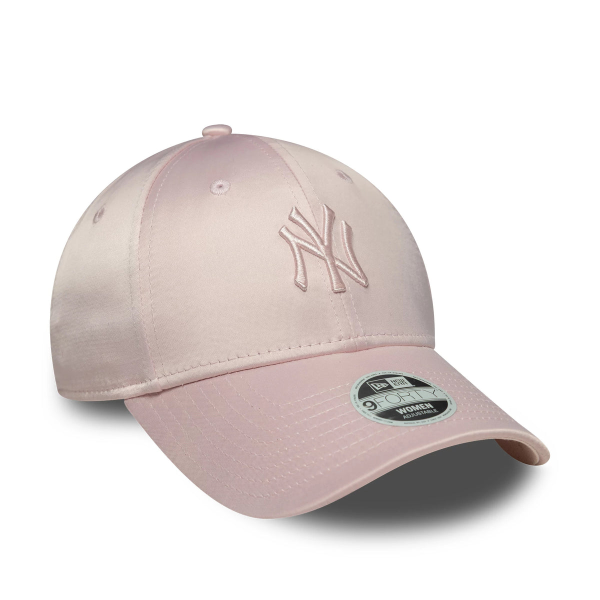 New York Yankees Womens MLB Satin Pastel Pink New Era 9FORTY Cap, three-quarter view with a pink raised embroidered NY logo on the front panel, pastel pink curved visor, and 9FORTY size sticker on the top.