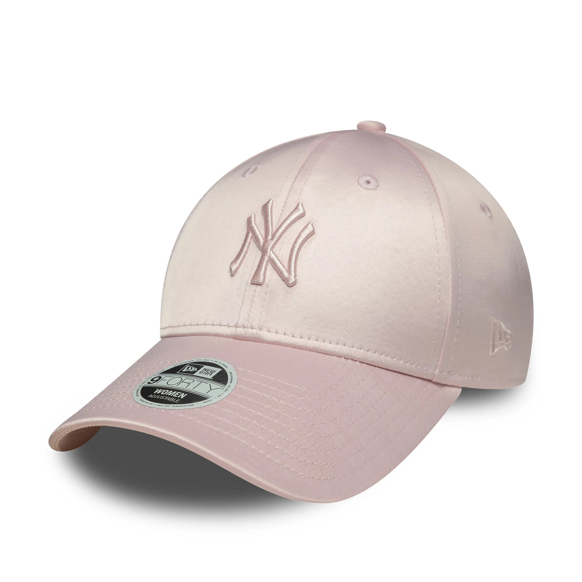 New York Yankees Womens MLB Satin Pastel Pink New Era 9FORTY Cap, three-quarter view showing the pink embroidered NY logo on the front panel, complemented by a matching pastel pink curved visor with a 9FORTY size sticker.