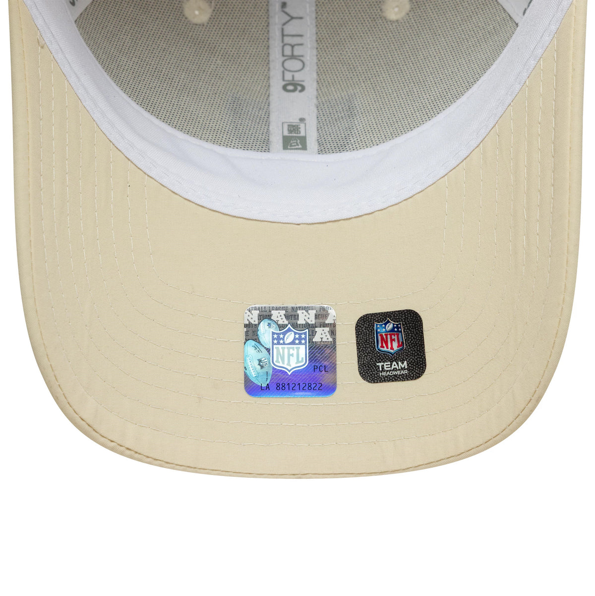Las Vegas Raiders NFL Recycled Midi Cream New Era 9FORTY Cap, inside view showing a white sweatband and grey taping with 9FORTY branding, along with two official NFL stickers on the cream undervisor.