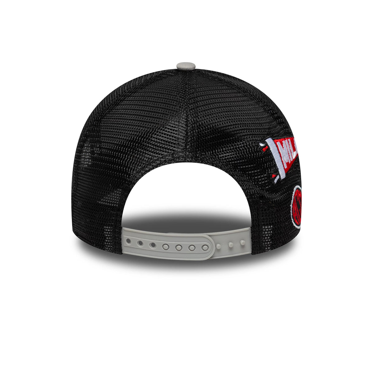 AC Milan Patch Grey New Era 9FORTY A-Frame Trucker Cap, rear view showing the structured black mesh panels with a grey plastic adjustable strap and a red and white embroidered patch on the right side.