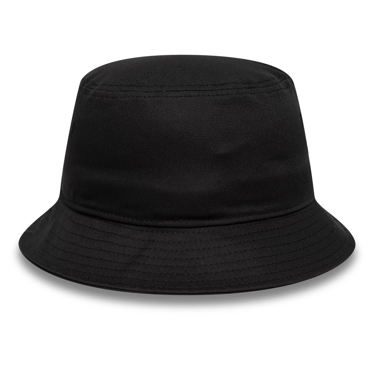 New Era AC Milan Phrase Black Bucket Hat, front view showing a plain black design with a structured crown and downward-sloping visor, featuring stitching lines around the visor's edge for added texture.