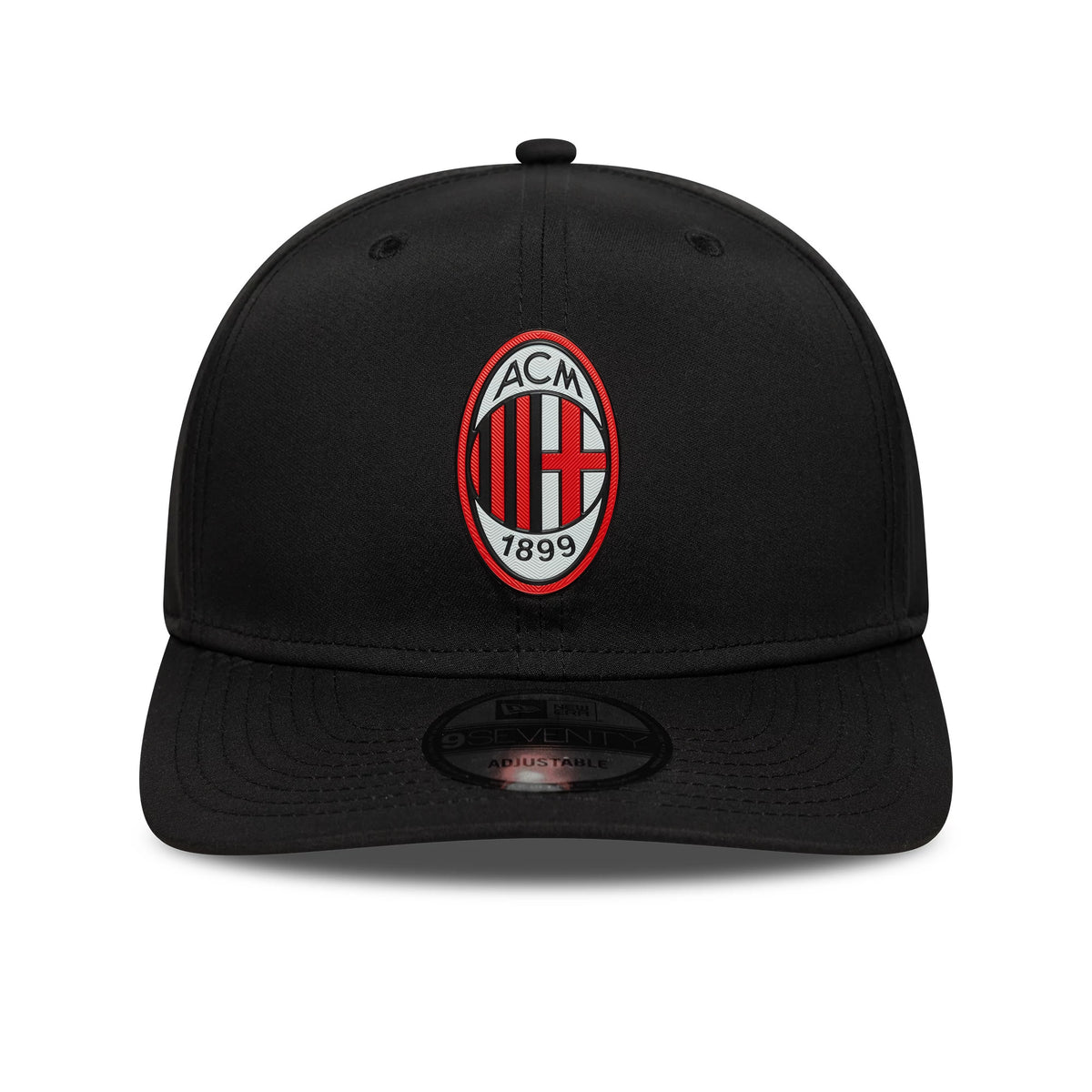 AC Milan Black New Era 9SEVENTY Stretch Snap Cap, front view showing the red and black embroidered AC Milan crest on the front panel, with a black curved visor and a 9SEVENTY size sticker.