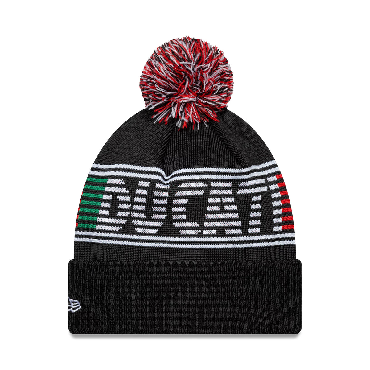 New Era Ducati Motor Logo Black Bobble Knit Beanie Hat, front view showing the Ducati lettering across the black fabric with green and red accents, topped by a multicoloured bobble and featuring the New Era flag logo embroidered on the cuff.