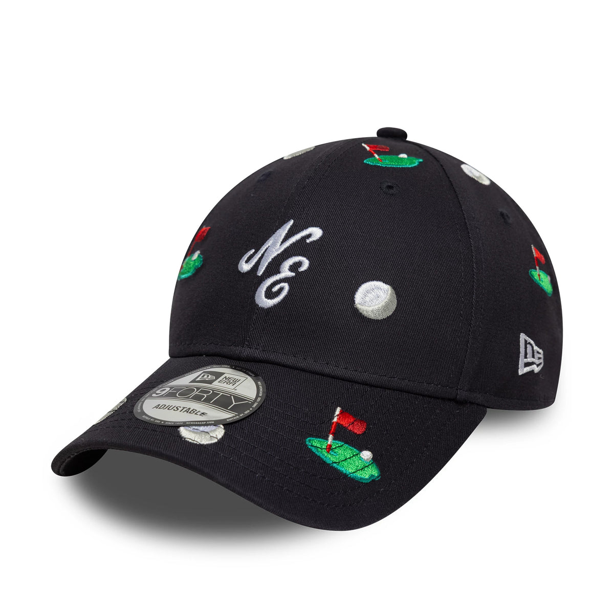 New Era All Over Print Navy 9FORTY M-Crown Adjustable Cap, three-quarter view showing the NE embroidered in white on the front panel, with multicoloured golf-themed embroidery all over and a 9FORTY size sticker on the curved navy visor.