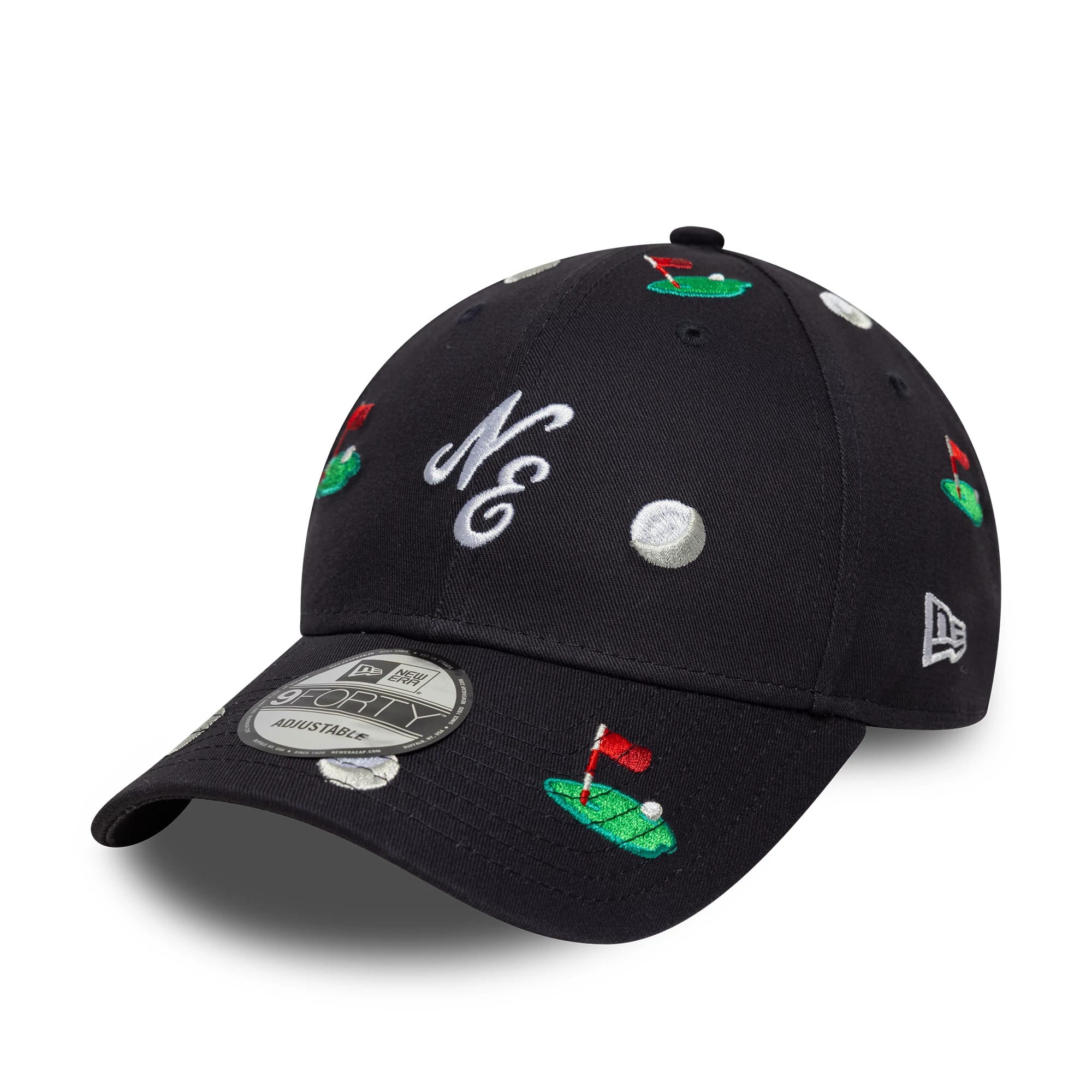 Pictured is this New Era All Over Print 9FORTY M-Crown cap in navy. 1