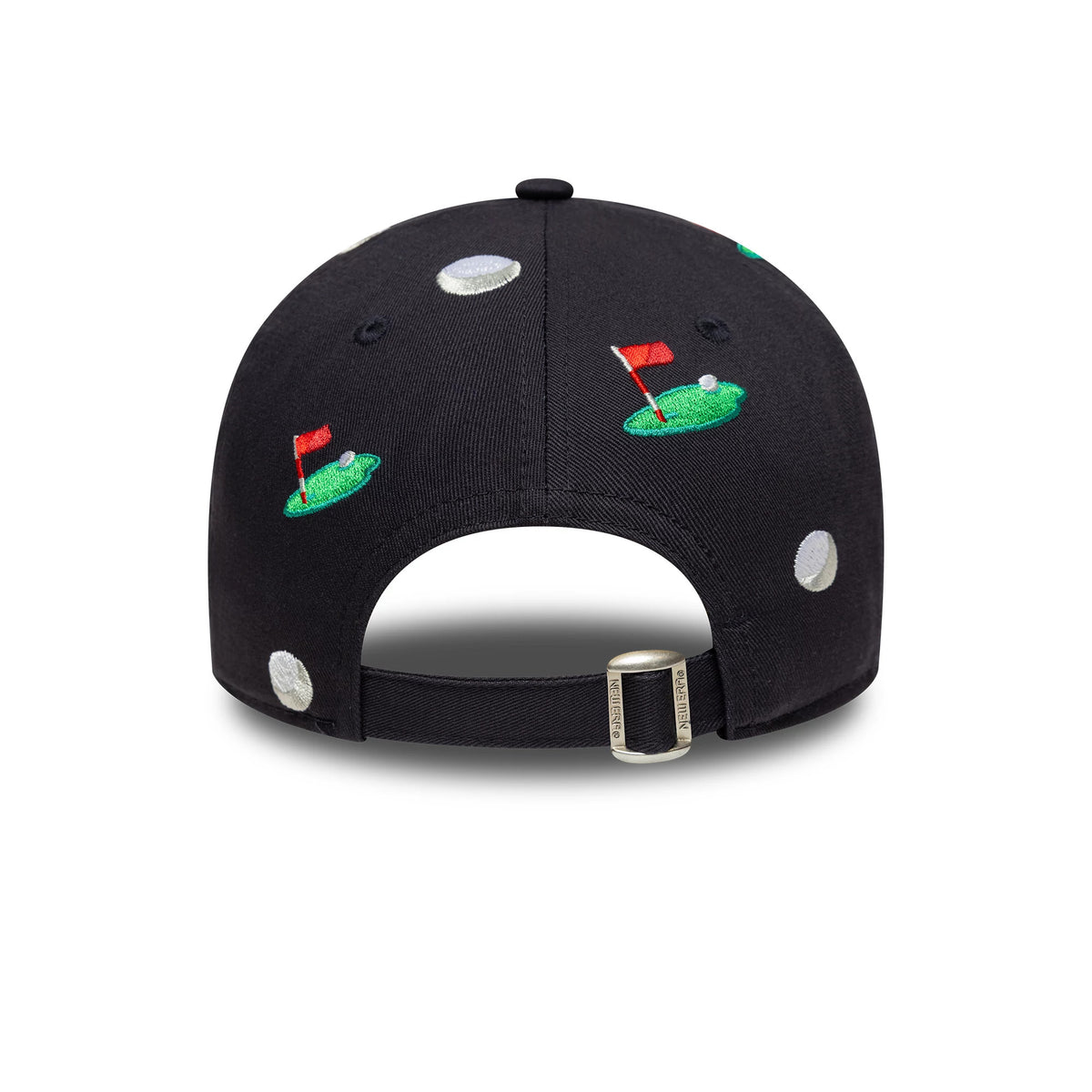 New Era All Over Print Navy 9FORTY M-Crown Adjustable Cap, rear view showing a pattern of embroidered golf course designs with flags and golf balls across the navy panels, and an adjustable fabric strap with buckle.