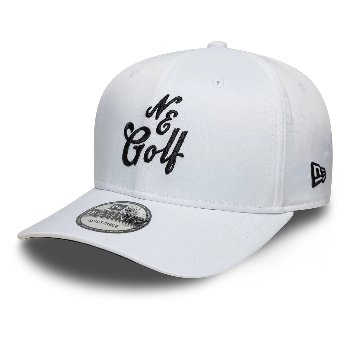 New Era Technical White 9SEVENTY Stretch Snap Adjustable Cap, three-quarter view showing the black embroidered N & Golf lettering on the front panel, curved white visor with a 9SEVENTY size sticker, and New Era flag logo on the left side.