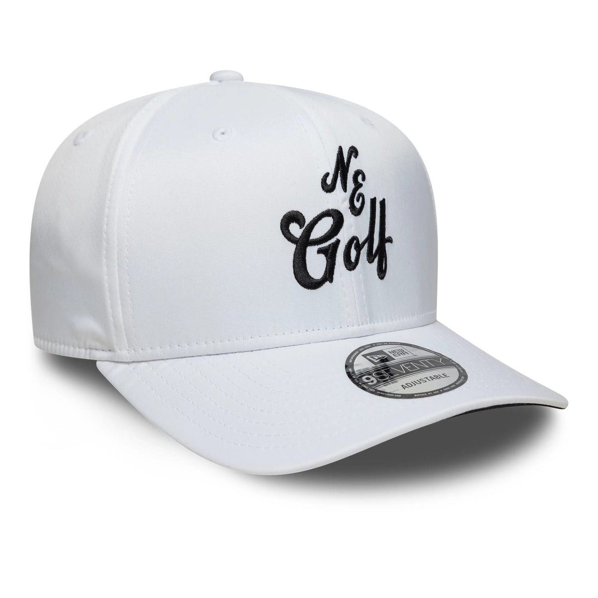 New Era Technical White 9SEVENTY Stretch Snap Adjustable Cap, front view showing raised black N & Golf embroidery on the front panels with a curved white visor and a grey 9SEVENTY size sticker.