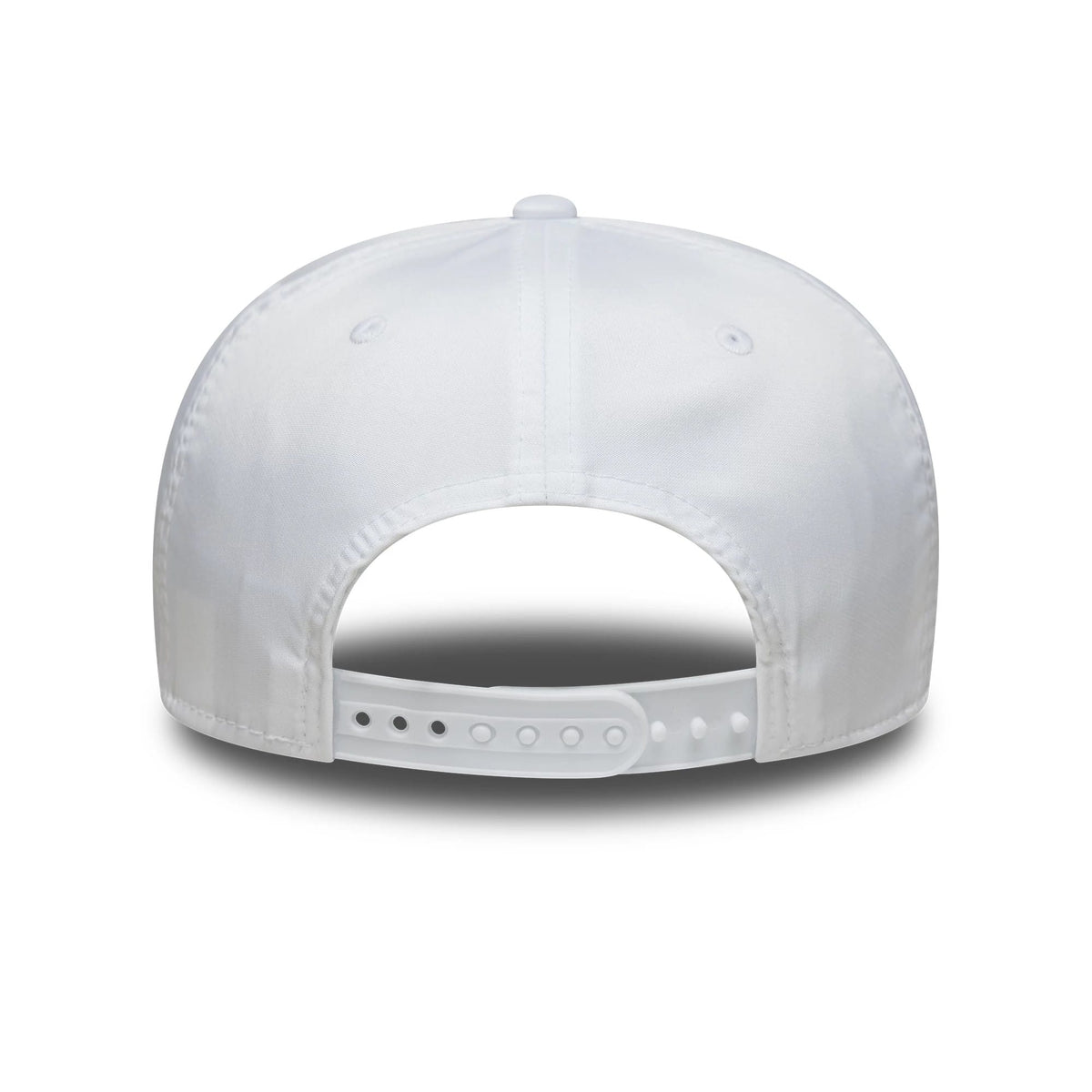 New Era Technical White 9SEVENTY Stretch Snap Adjustable Cap, rear view showing a white snap closure and eyelets evenly spaced on the structured white crown beneath the top button.