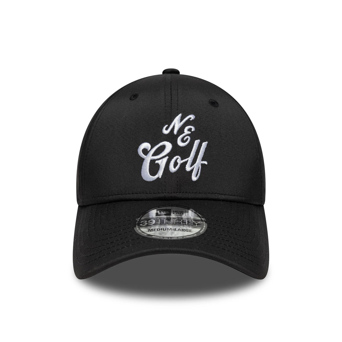 New Era Technical Black 39THIRTY Stretch Fit Cap, front view showing white script embroidery reading N & Golf on the structured black crown, with a curved visor and a 39THIRTY size sticker displayed prominently.
