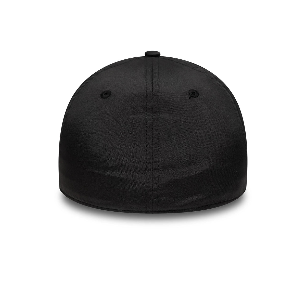 New Era Technical Black 39THIRTY Stretch Fit Cap, rear view showing the black finish of the structured crown with a top button and two eyelets positioned symmetrically on either side.