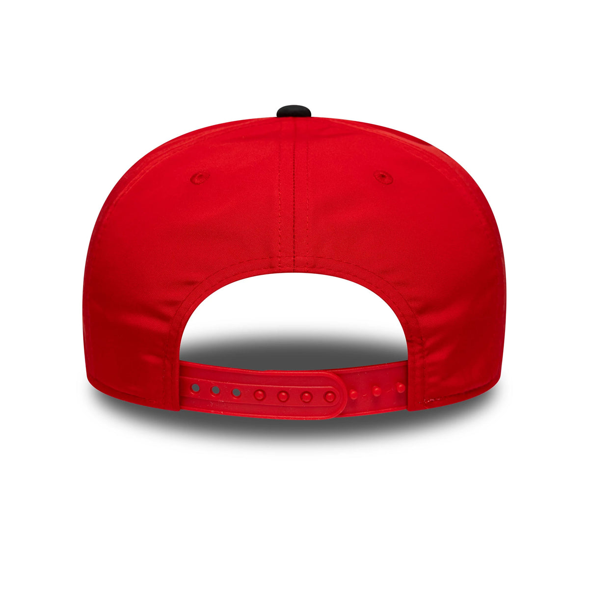 Ducati Motor Logo Print Black New Era 9SEVENTY Stretch Snap Cap, rear view featuring a red adjustable snap closure and a structured red crown with a black top button, showcasing eyelet details.