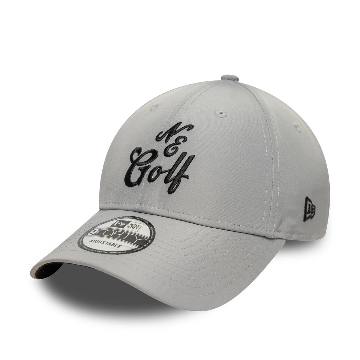 New Era Technical Grey 9FORTY Adjustable Cap, three-quarter view showing black N. Golf embroidery on the front panel, a curved grey visor with a 9FORTY size sticker, and the New Era flag logo on the left side.