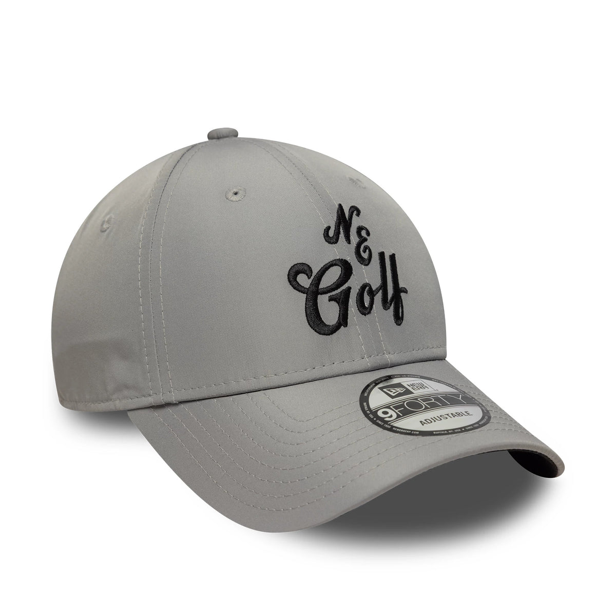 New Era Technical Grey 9FORTY Adjustable Cap, three-quarter view showing black embroidered N&Golf text on the front panel, a curved grey visor with a 9FORTY size sticker, and a top button.