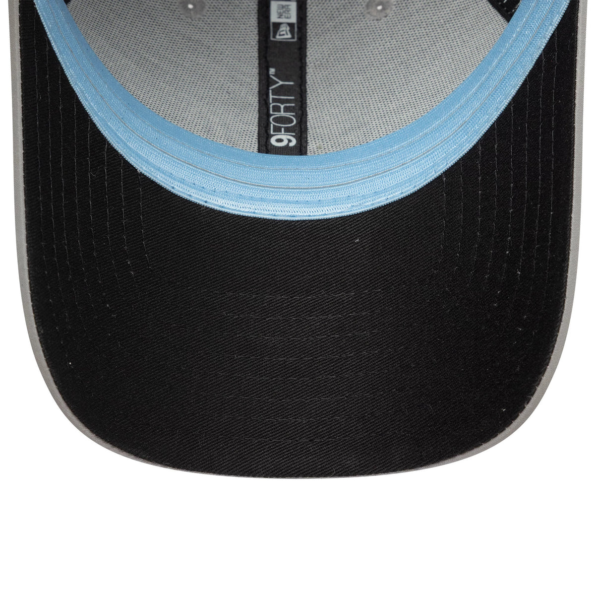 New Era Technical Grey 9FORTY Adjustable Cap, inside view showing the light blue sweatband, black undervisor, and the black 9FORTY taping along the structured grey interior panels.