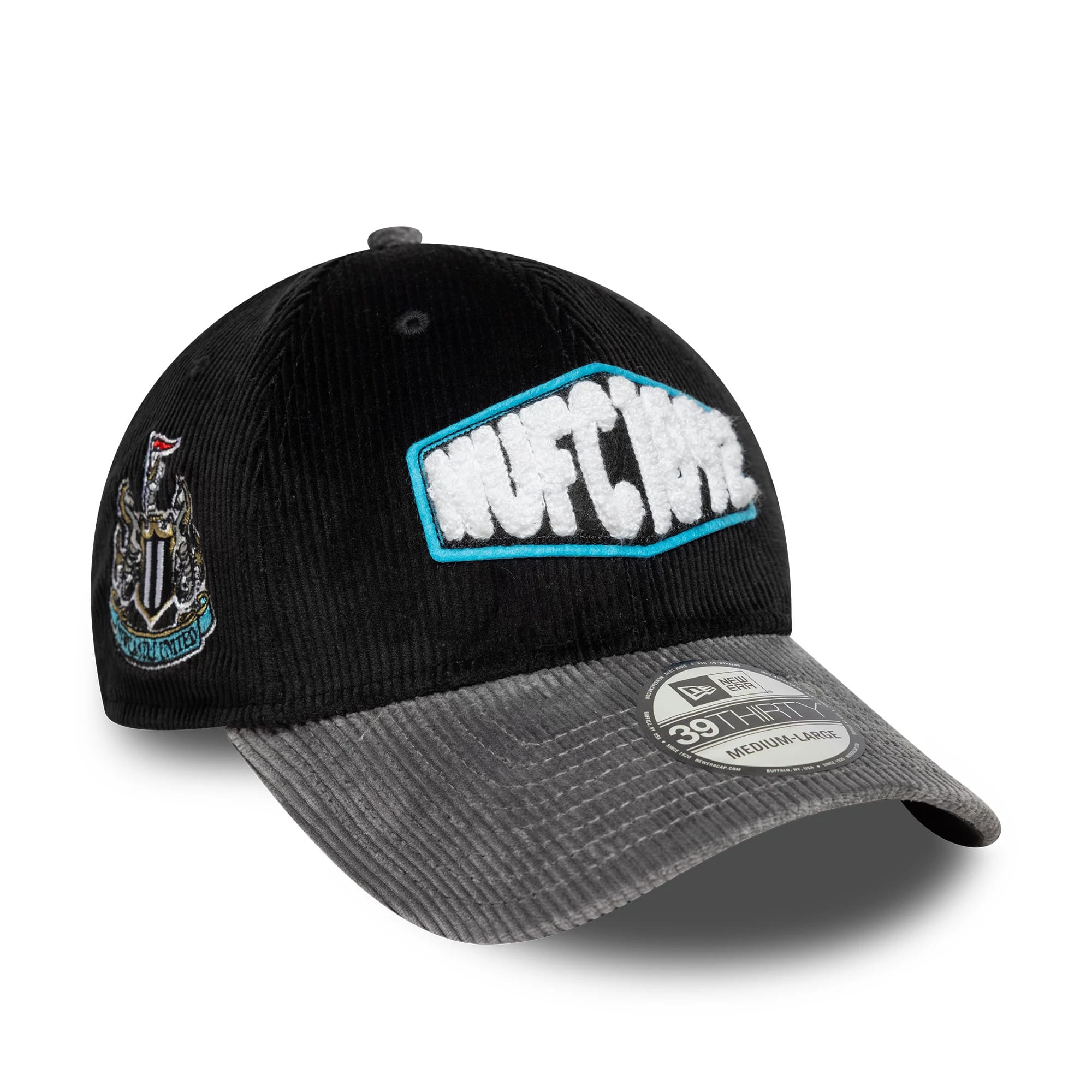 Newcastle United FC Cord Black New Era 39THIRTY Stretch Fit Cap, three-quarter view showing the raised white NUFC 1892 logo with blue outline on the front panel, the club crest on the left side, and the grey curved visor with a 39THIRTY size sticker.