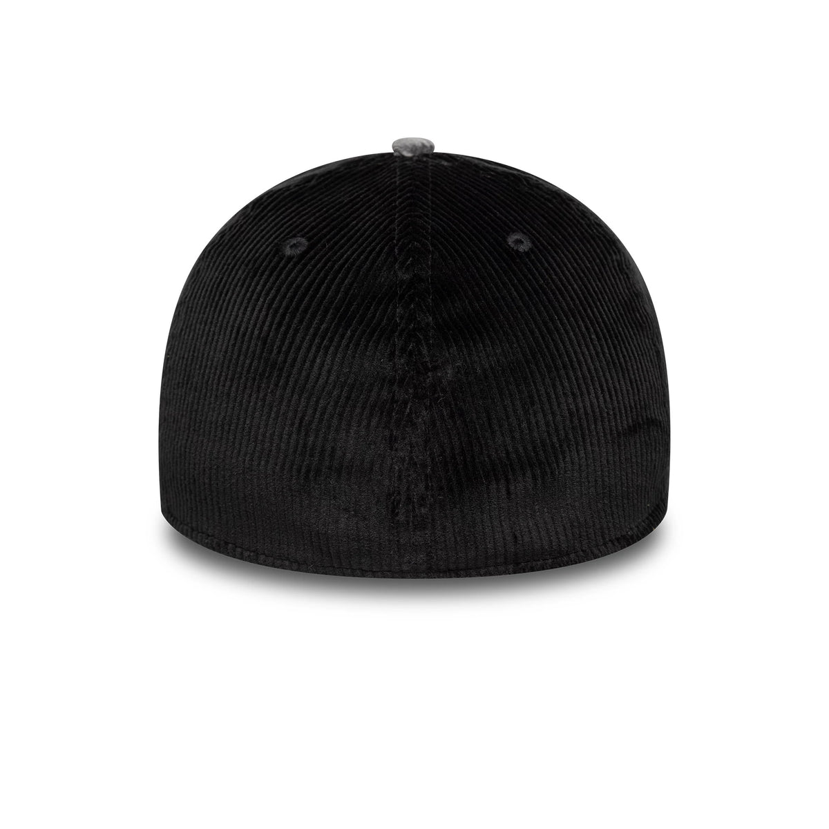 Newcastle United FC Cord Black New Era 39THIRTY Stretch Fit Cap, rear view showing the structured black corduroy crown with ribbed texture, two embroidered eyelets, and a grey top button centred on the crown.