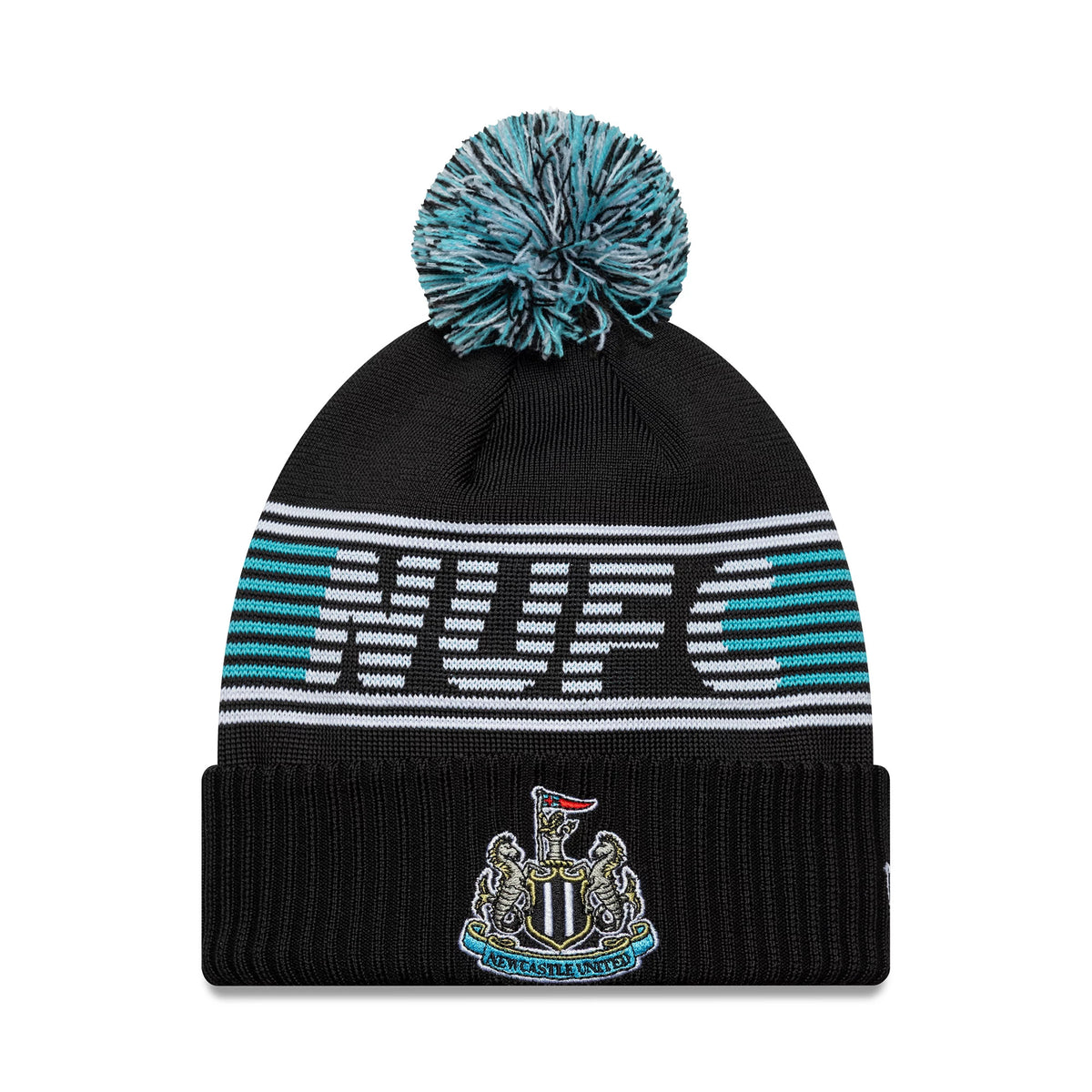 New Era Newcastle United FC Black Bobble Knit Beanie Hat, front view showing the embroidered Newcastle United crest on the ribbed cuff and black, white and teal stripes with NUFC lettering beneath a teal and black pom-pom.