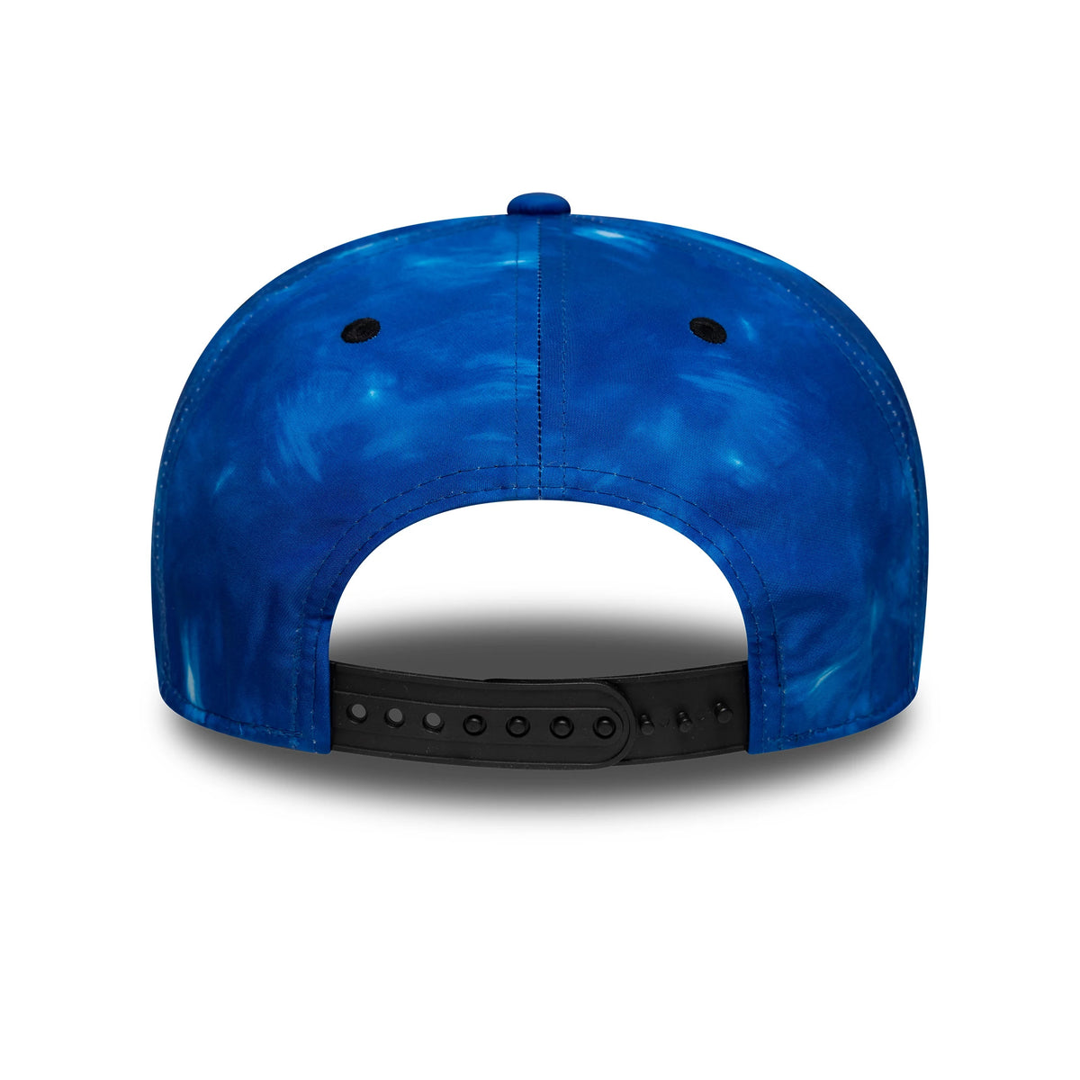 Newcastle United FC 1993 Open Blue New Era 9SEVENTY Stretch Snap Cap, rear view showing the black adjustable snap closure on a tie-dye effect blue crown with black embroidered eyelets and a matching top button.