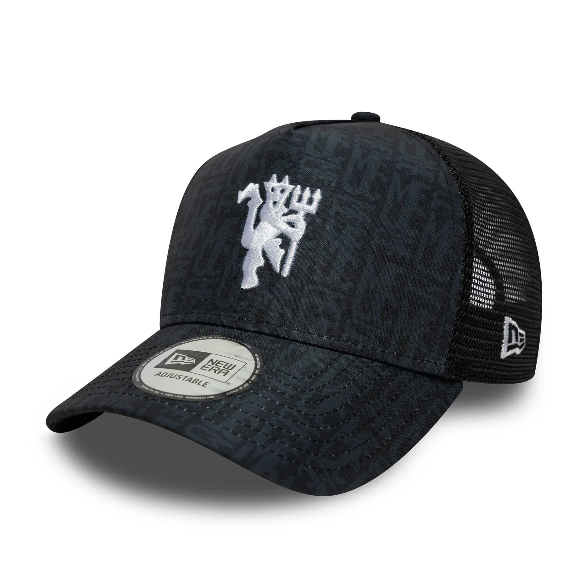 Pictured is this Manchester United FC All Over Print 9FORTY A-Frame Trucker in black. 1