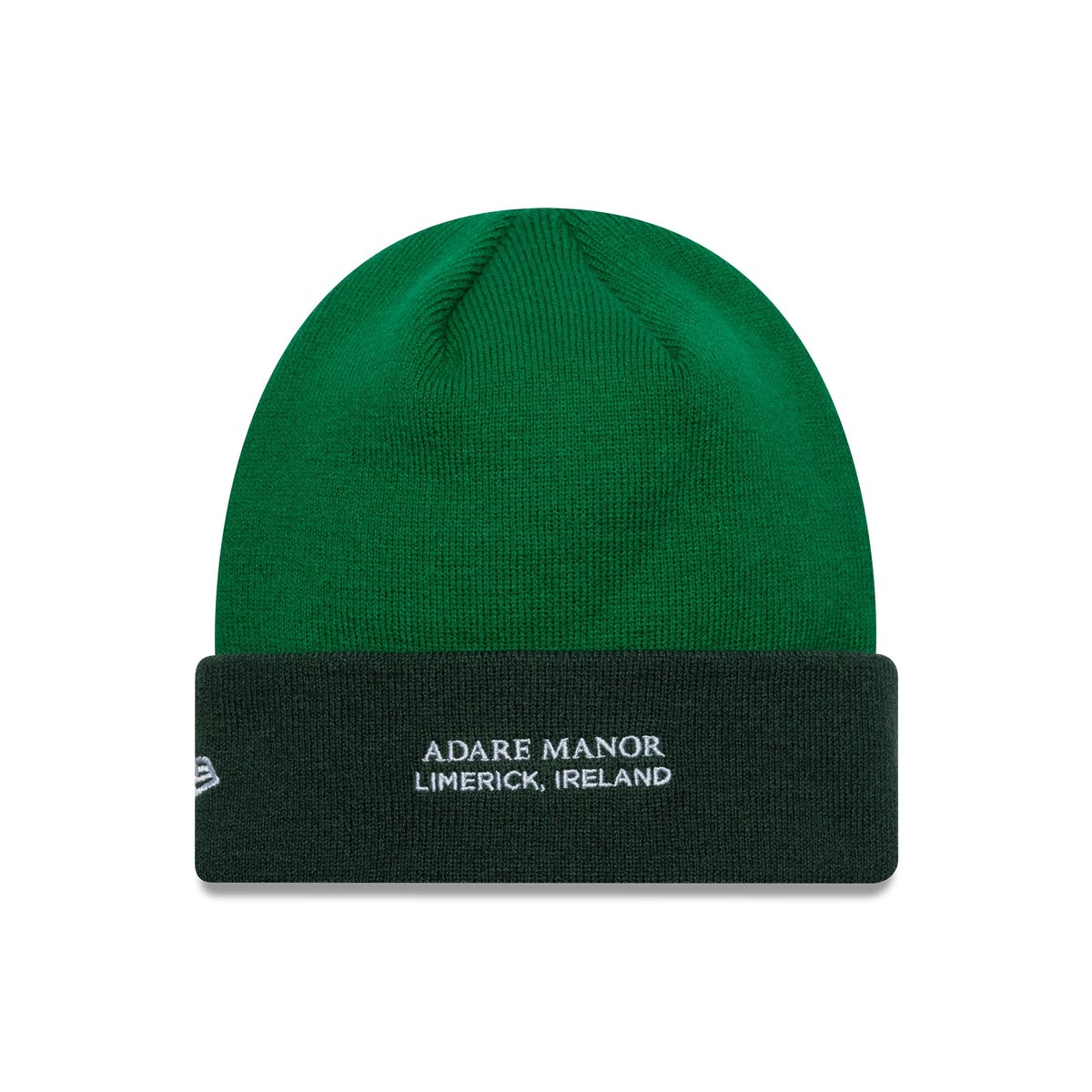 New Era Ryder Cup 2027 Adare Manor Green Cuff Knit Beanie Cap, front view showing the white embroidered Adare Manor Limerick Ireland text on the dark green cuff and the New Era flag logo on the left side.