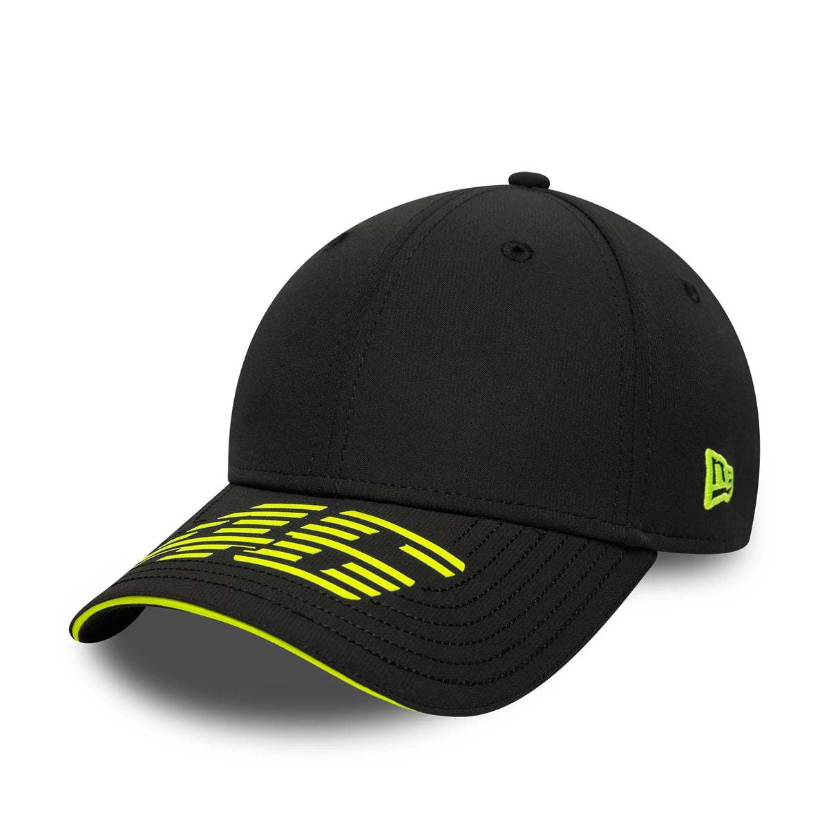 VR46 Recycled Stripe Black New Era 9FORTY Cap, three-quarter view with neon yellow stripe design on the black curved visor and the New Era flag logo embroidered on the left side of the structured black crown.