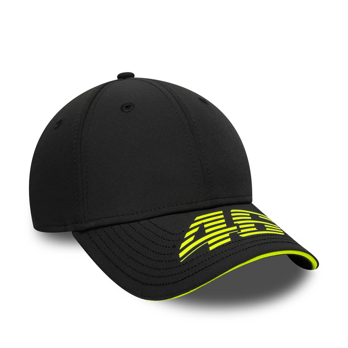 VR46 Recycled Stripe Black New Era 9FORTY Cap, three-quarter view showing a neon yellow striped design on the curved black visor with matching neon yellow undervisor and black embroidered eyelets on the structured crown.