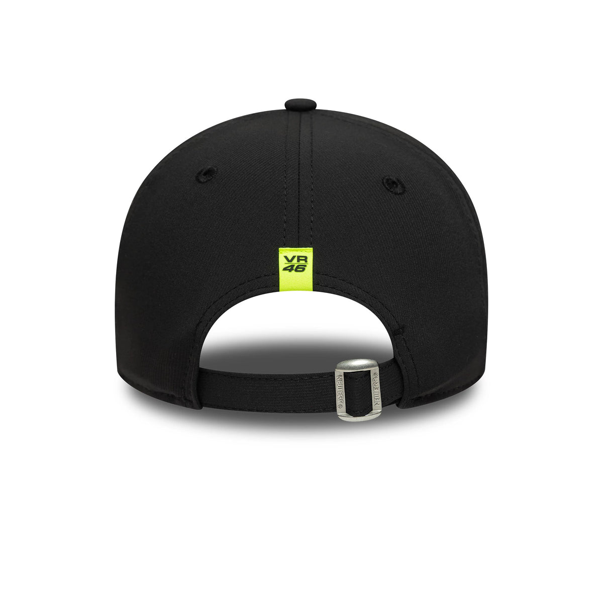 VR46 Recycled Stripe Black New Era 9FORTY Cap, rear view showing the neon yellow VR46 logo on the back strap above adjustable buckle, set against a curved black crown with eyelets and a top button.