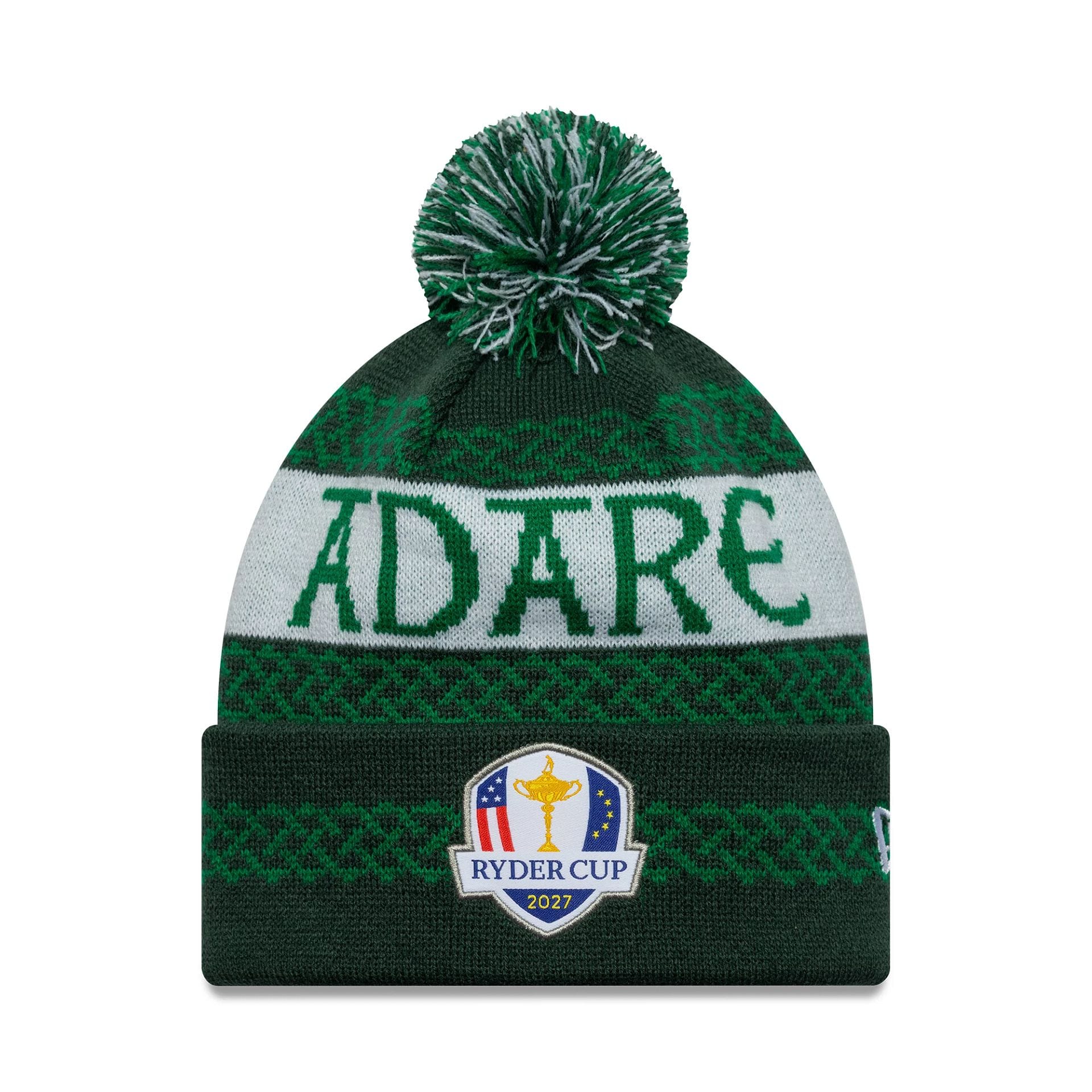 Pictured is this Adare Manor Ryder Cup Europe 2027 Bobble Knit Beanie cap in green. 1
