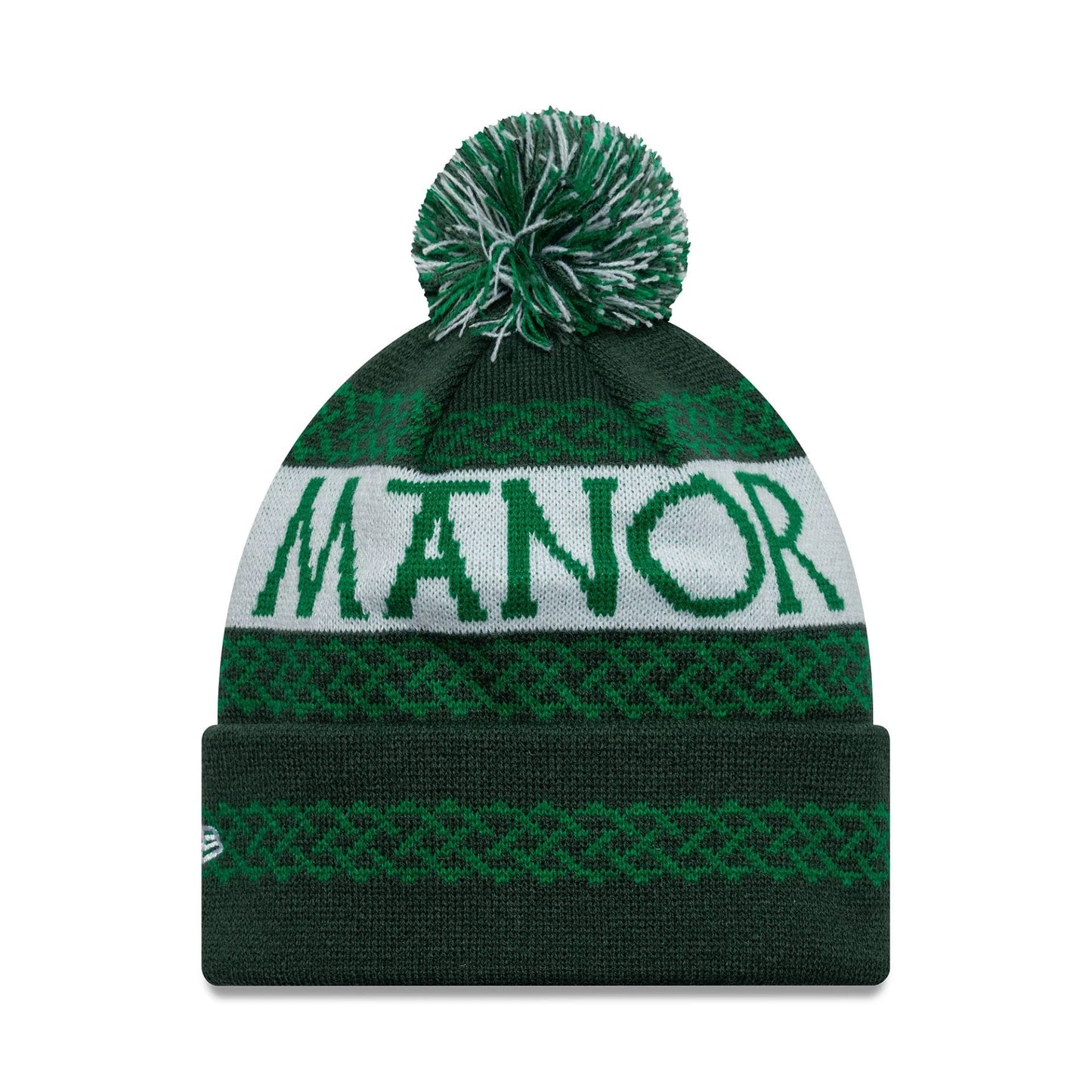Pictured is this Adare Manor Ryder Cup Europe 2027 Bobble Knit Beanie cap in green. 2