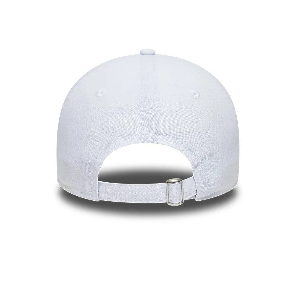 Repreve® Tottenham Hotspur FC White New Era 9TWENTY Adjustable Cap, rear view showing a curved visor, white top button, embroidered eyelets, and an adjustable strap with buckle on the structured white crown.