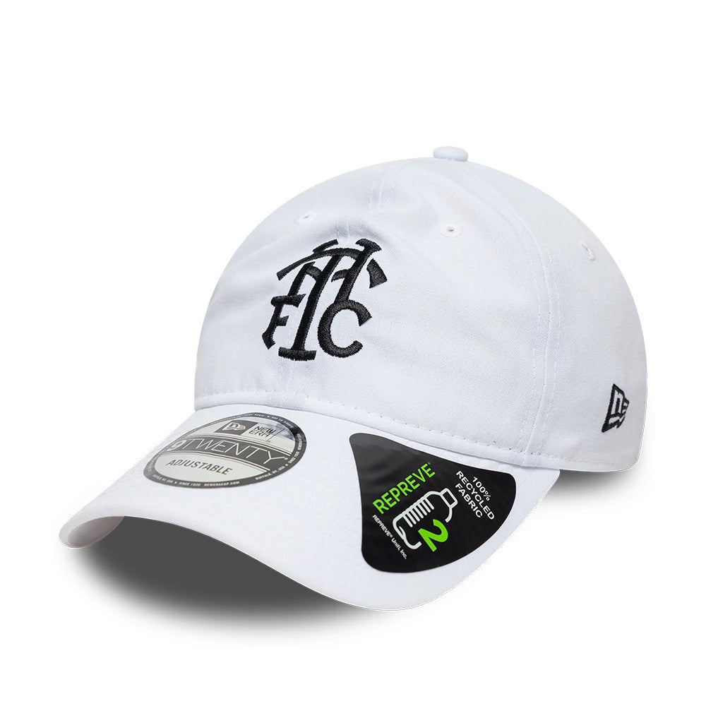 Repreve® Tottenham Hotspur FC White New Era 9TWENTY Adjustable Cap, three-quarter view with a black embroidered THFC monogram on the front panel, grey 9TWENTY size sticker and recycled fabric label on the white curved visor.