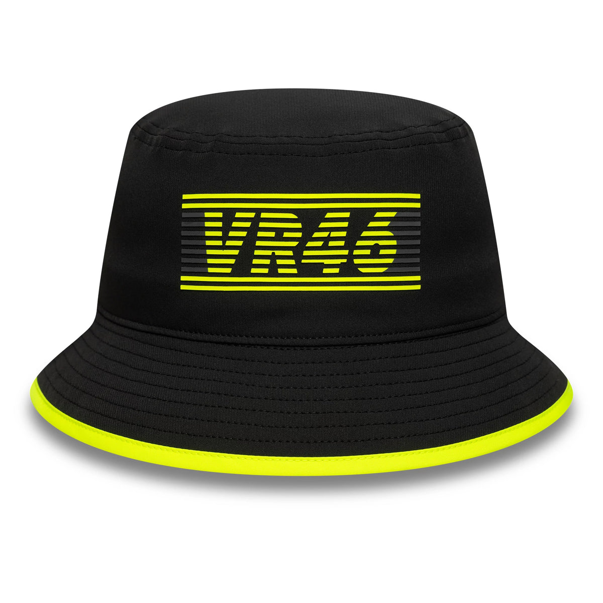 New Era VR46 Recycled Black Bucket Hat, front view showing the bright yellow VR46 logo in flat embroidery on the black crown, with a matching yellow stripe along the edge of the softly structured visor.