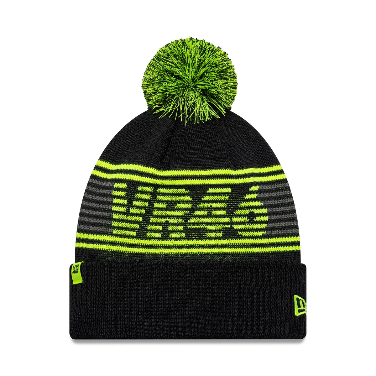 VR46 Recycled Black New Era Bobble Knit Beanie Hat, front view with a lime green bobble on top, VR46 lettering across the middle in green and grey stripes, and the New Era flag logo embroidered on the black cuff.