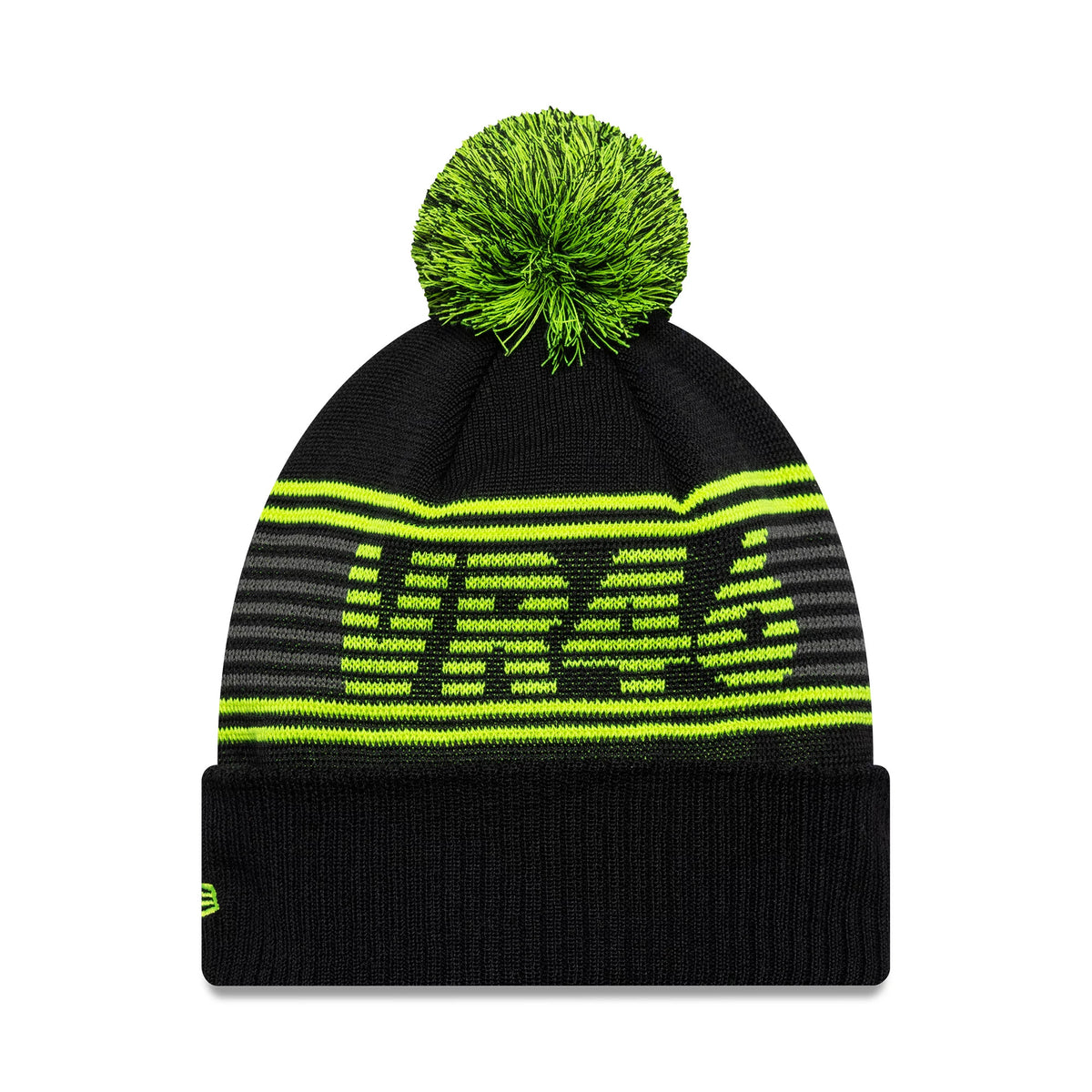 New Era VR46 Recycled Black Bobble Knit Beanie Hat, front view showing a neon green and black bobble on top, VR46 lettering across the front in green, and the New Era flag logo on the cuff.